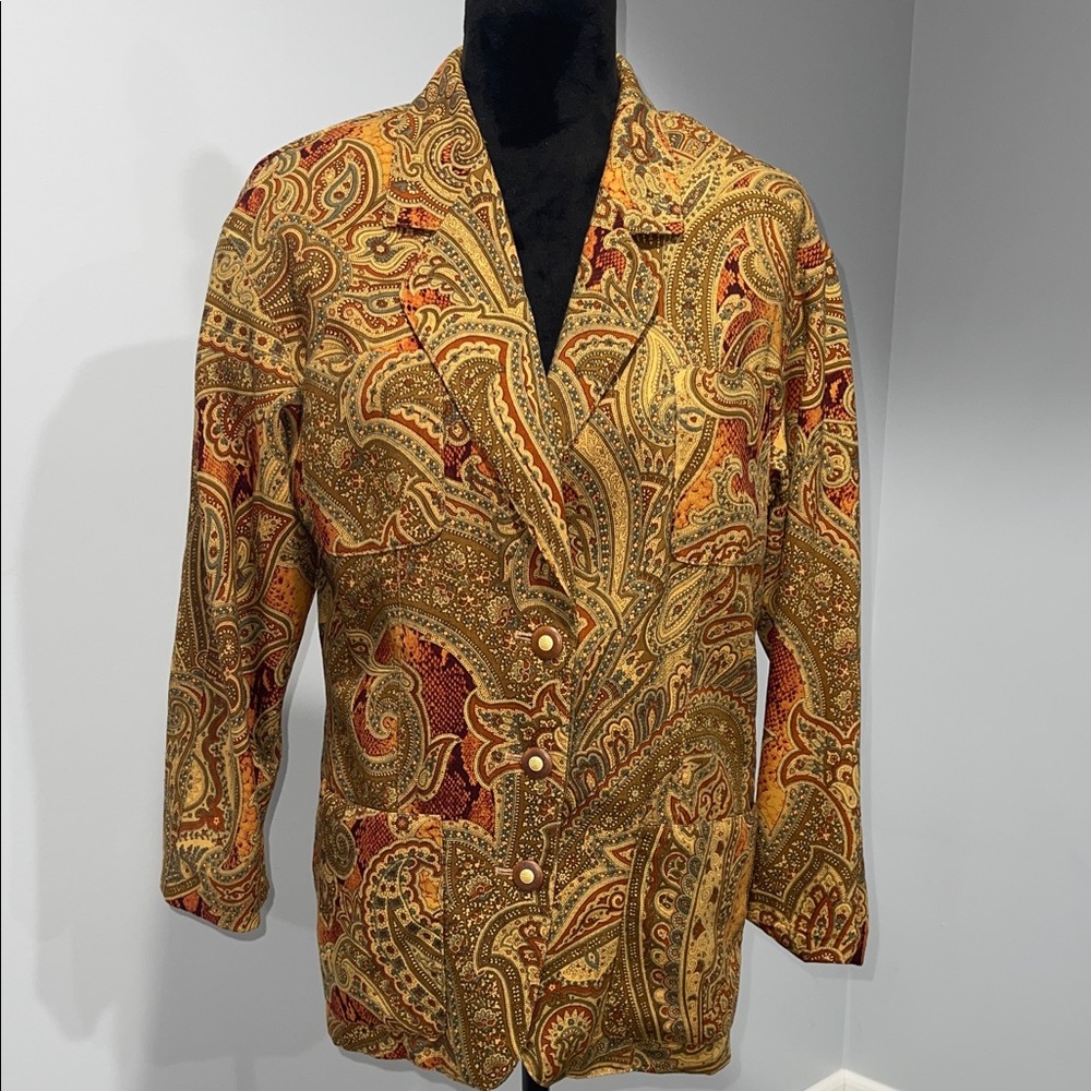 Vintage Louis Feraud Yellow Brown Paisley Wool Blazer size 6 three buttons